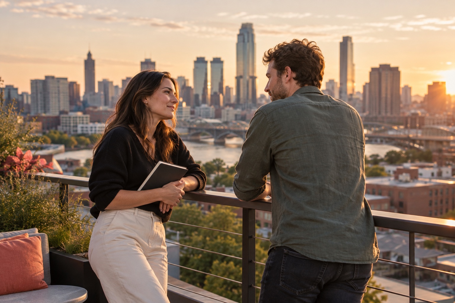 Two venture builders in conversation on a rooftop overlooking the city