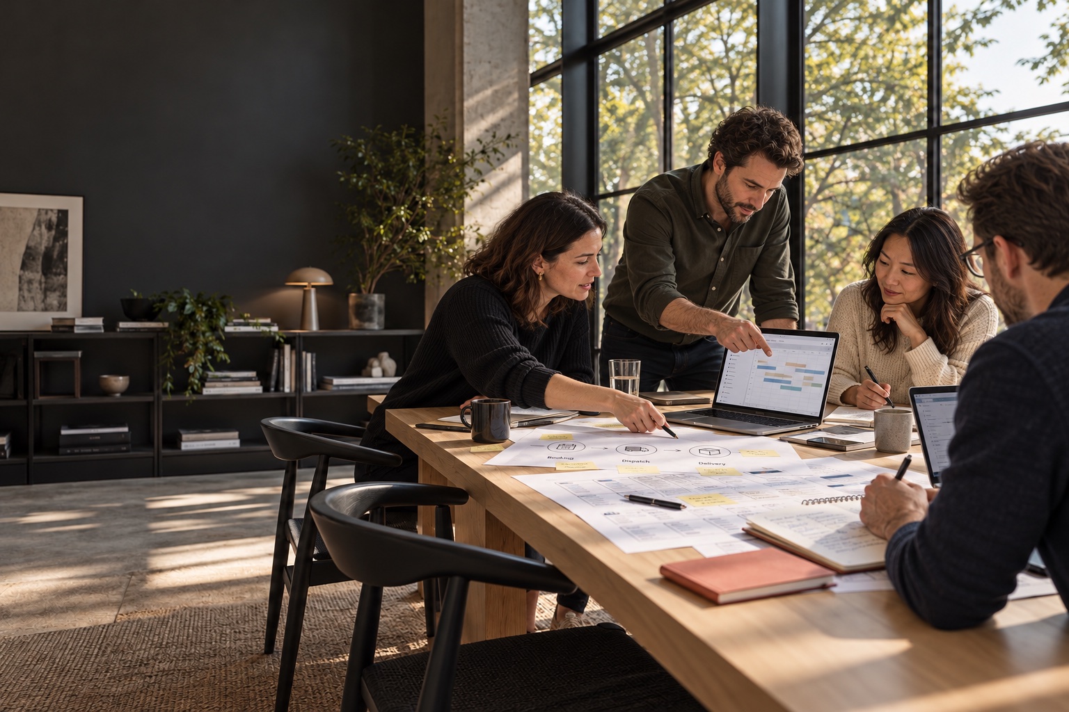 Illustrative team collaborating on a service-business plan around a studio table